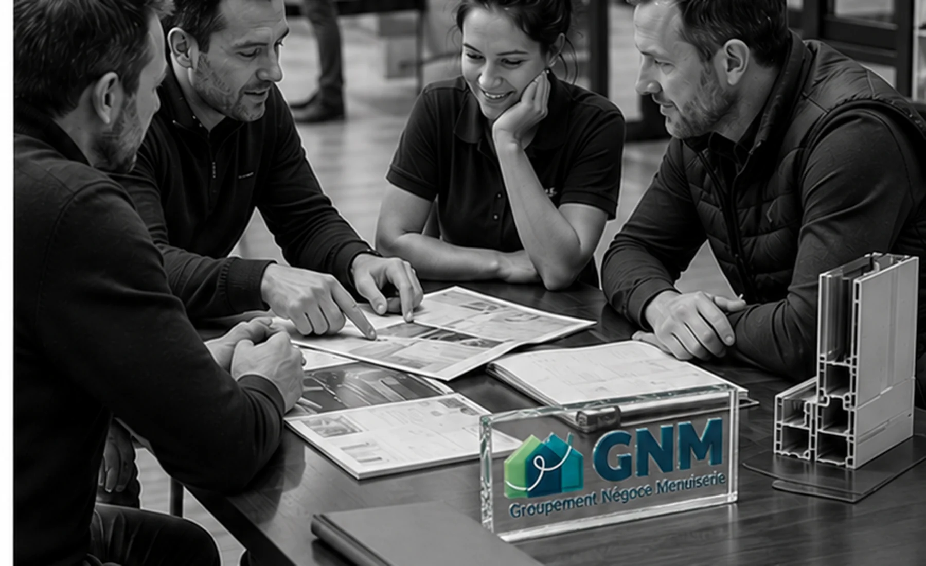 Échange entre professionnels GNM dans un showroom menuiserie